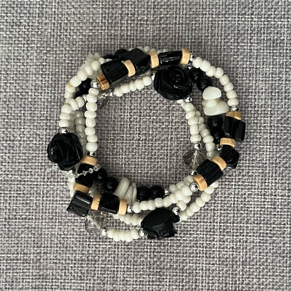 White Seed Bead Stretch Bracelets (4) with Wood, Lucite & Glass/Gemstone Accents